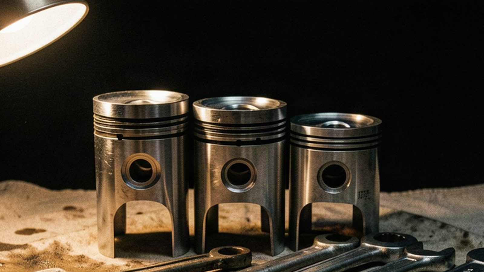 Disassembled engine components laid out on a workbench under a single work lamp