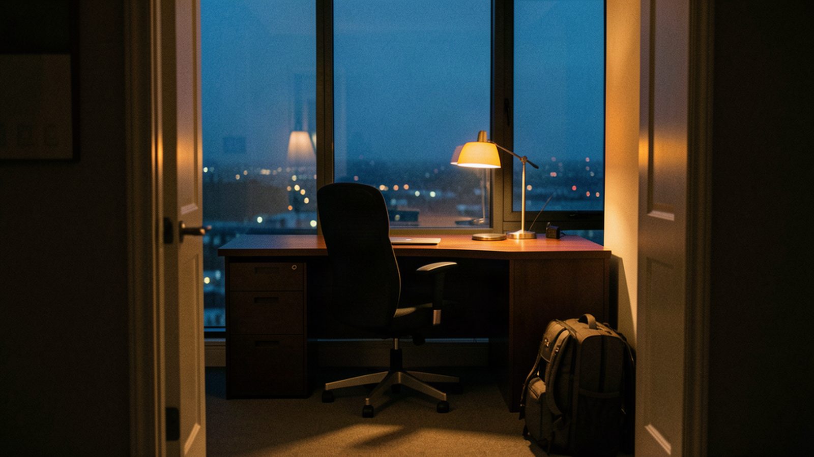 An empty home office at night, lamp still on, a packed bag by the door