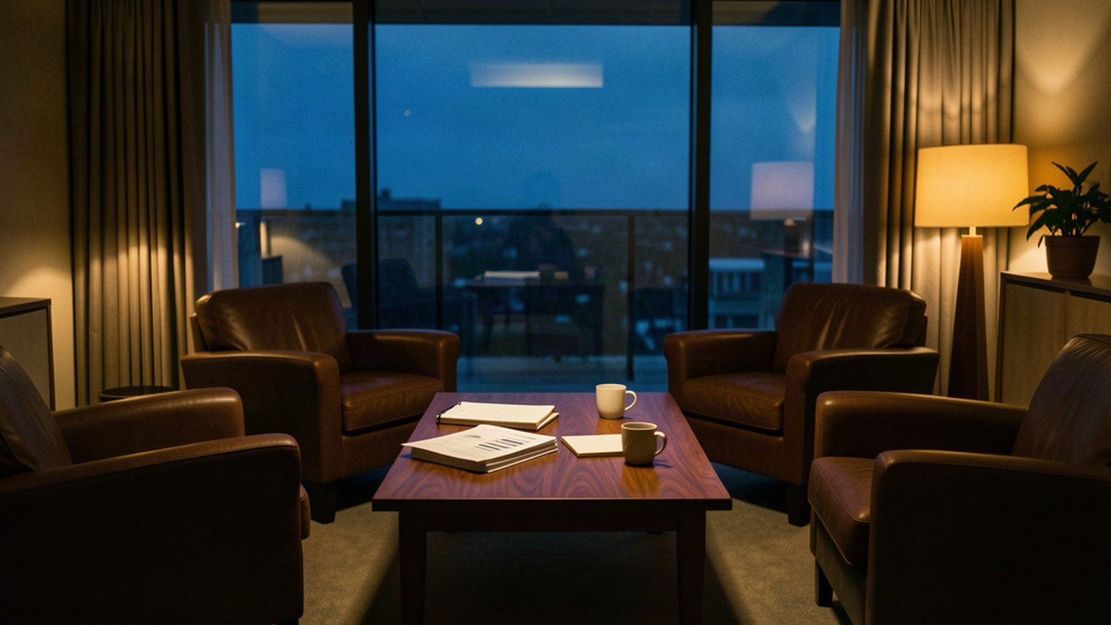 Six leather armchairs arranged around a low table in a private living room at dusk