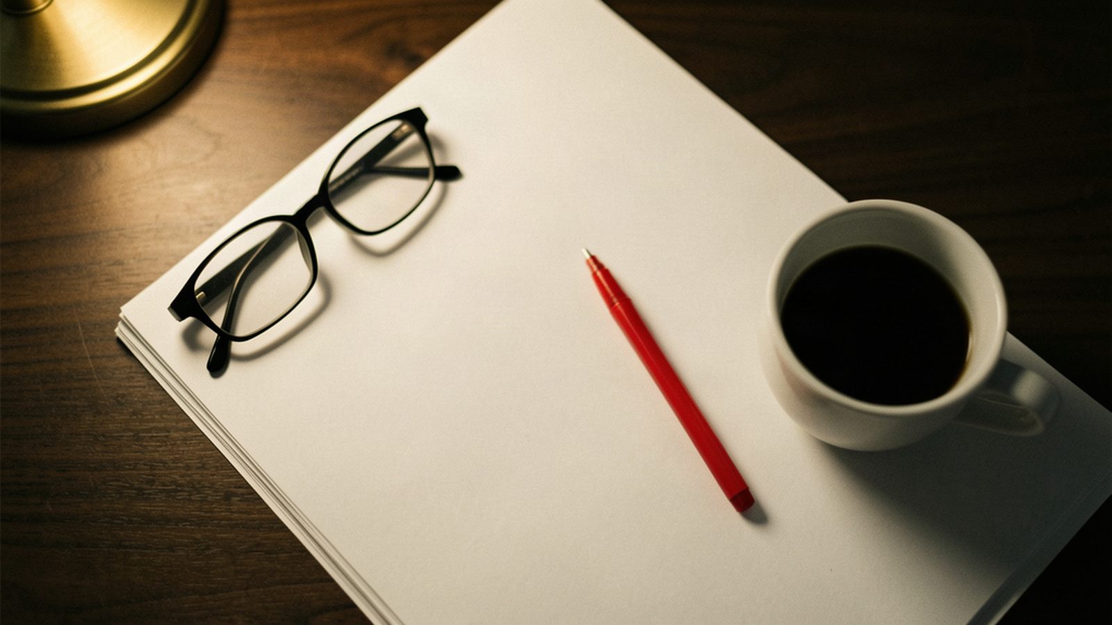 Reading glasses, a red pen and coffee resting on a stack of paper on a dark desk