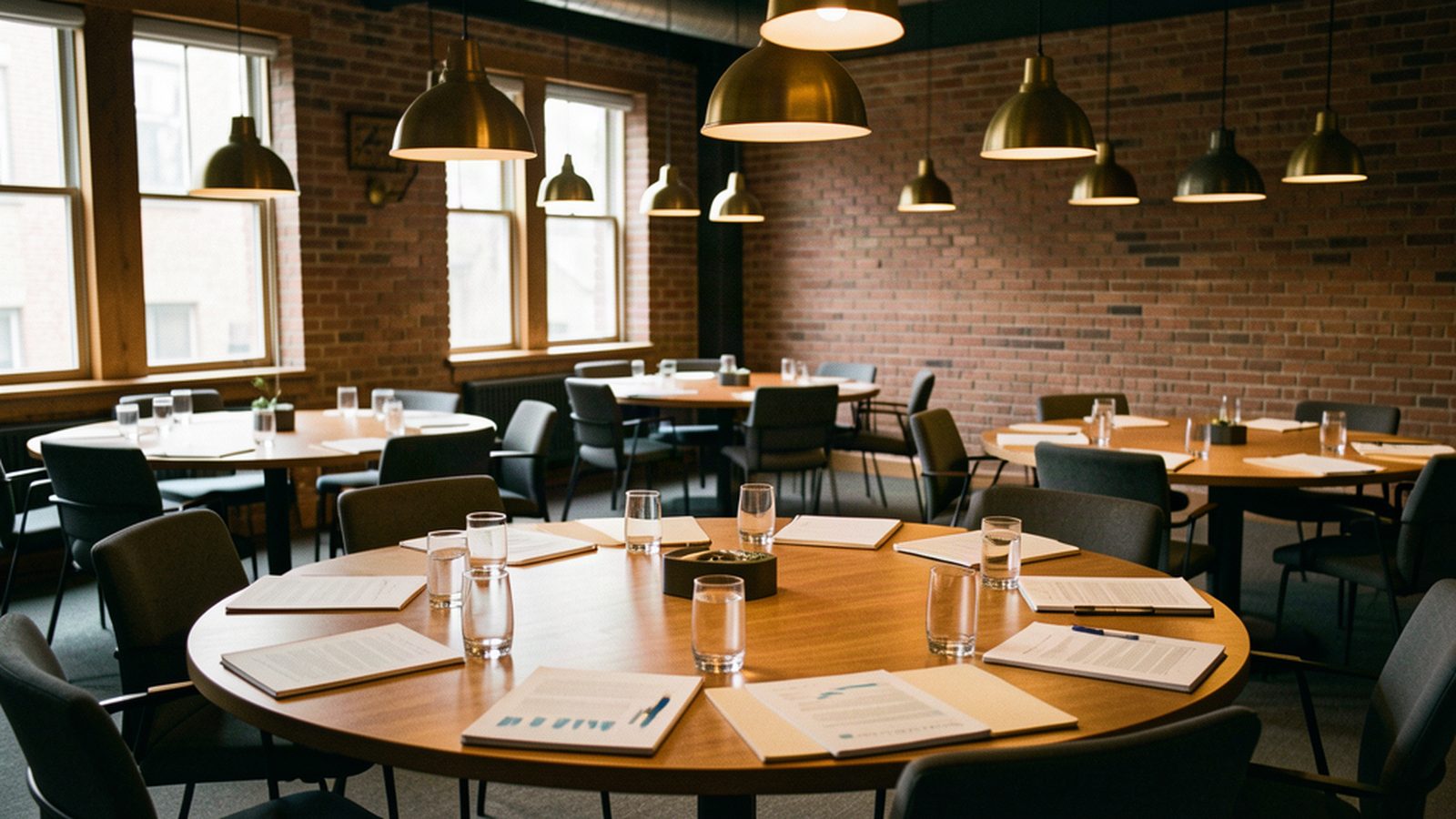 A working room set with round tables, printed documents and legal pads, ready for a group session